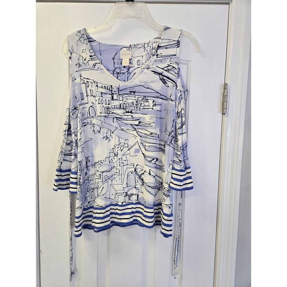 Chico's Blue White Mediterranean Village Cold Shoulder Top Size 0 XS S Striped